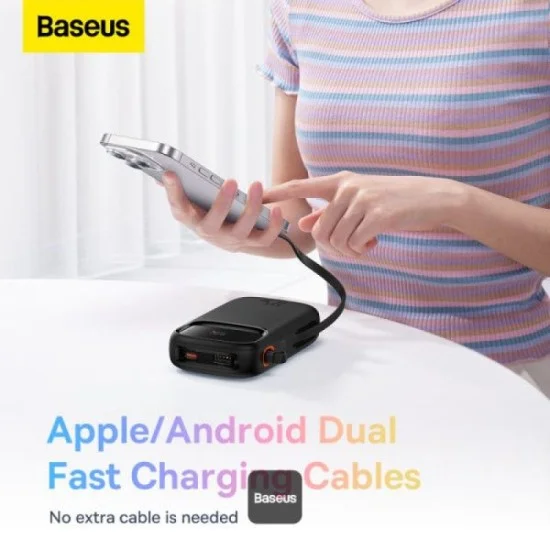 Baseus Qpow2 20000Mah Digital Display Fast Charge Power Bank 22.5W With Built-In Dual-Cable Lightning And Type-C - Black